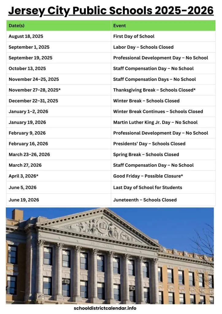 Jersey City Public Schools Calendar