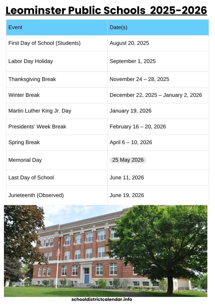 Leominster Public Schools Calendar with Holidays 2025-2026